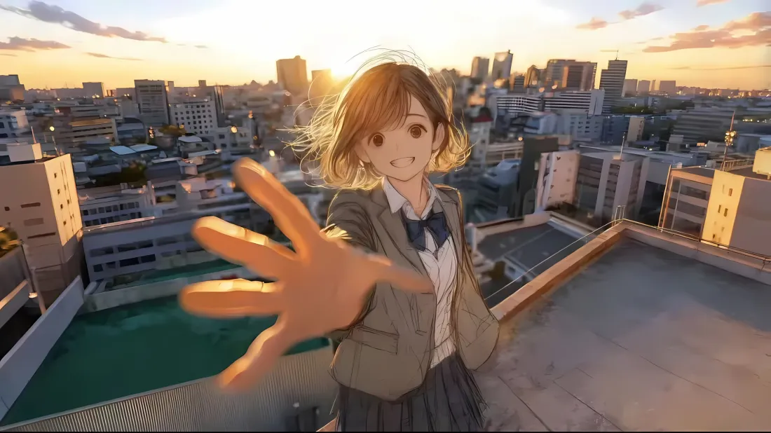 2kJK少女壁纸|都市夕阳天台背景图片 - 治愈风二次元插画「哲风壁纸」 黄昏天台之上,穿JK制服的短发少女笑着伸手朝向镜头,背景是夕阳下的城市建筑群。
