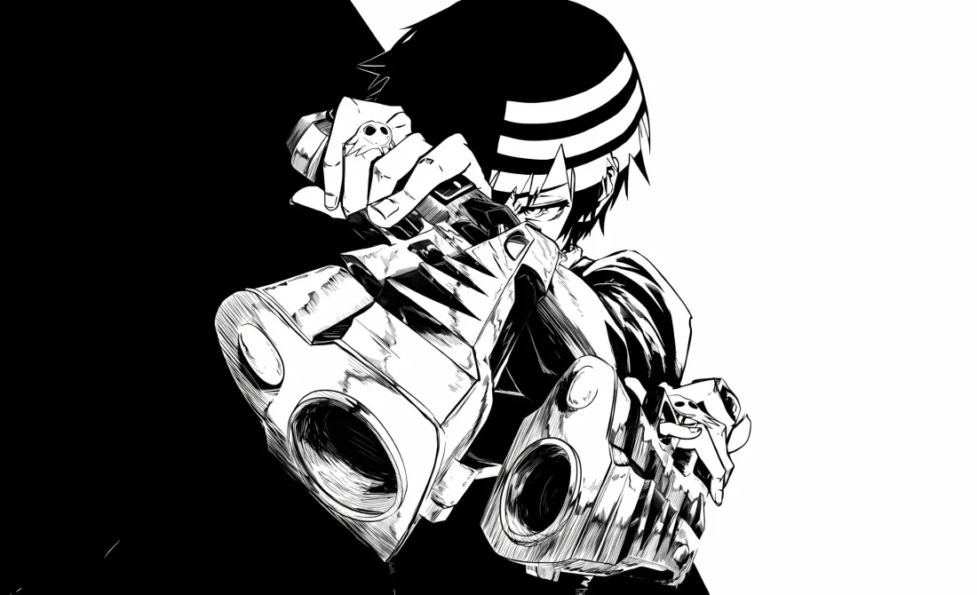 黑白漫画风，戴条纹帽的少年双手持大型手炮，冷峻帅气