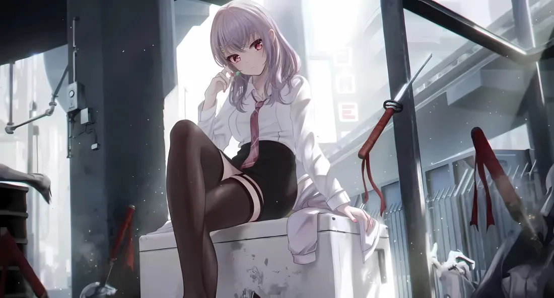 2k红瞳黑丝制服少女壁纸|紫发室内背景图片 - 二次元动漫插画「哲风壁纸」 紫发红瞳制服少女坐于室内箱体上,周围散落带红柄的刀具。