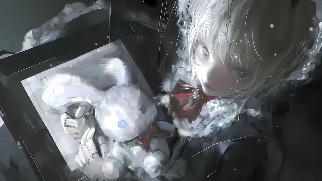暗黑冷调二次元插画，银发少女怀抱机械白兔玩偶，氛围诡秘压抑。