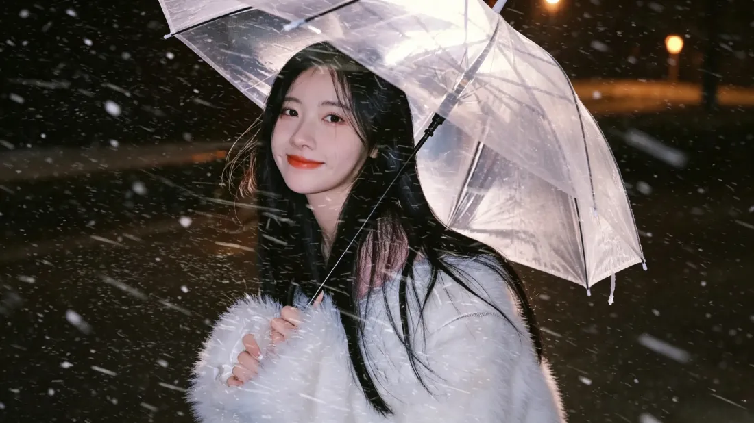 冬夜飘雪街头，长发白衣女子撑透明雨伞，暖光街灯衬出治愈氛围感。