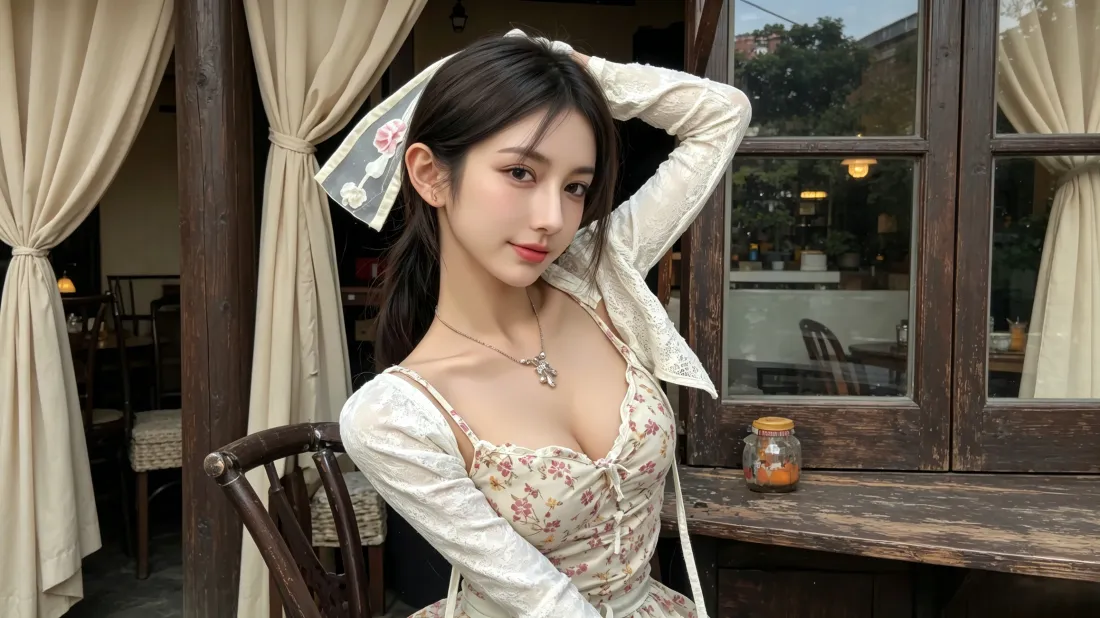 黑发女子戴印花发带，穿碎花吊带与白色开衫，在咖啡馆窗边抬手扶头。