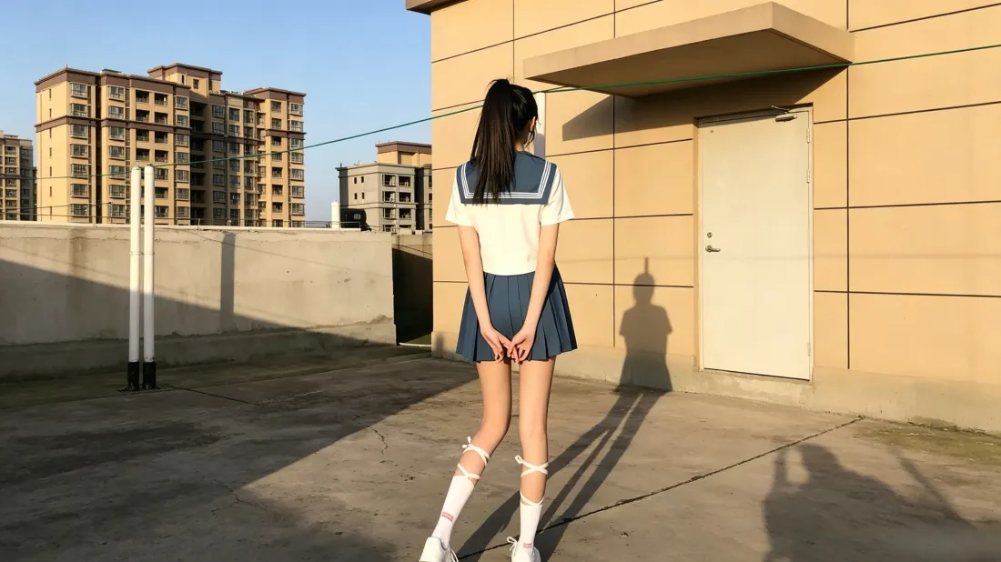 晴天天台，穿JK水手服的马尾少女背对镜头站立，身后是居民楼与蓝天。
