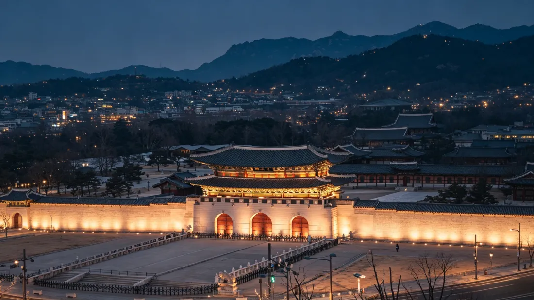 夜晚暖光照明的首尔光化门古建筑，前方开阔广场，背景远山与城市灯火