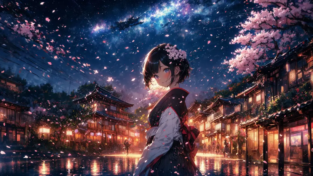 穿和服的短发少女立于樱花古街水边，夜空银河璀璨，灯火倒映水面。