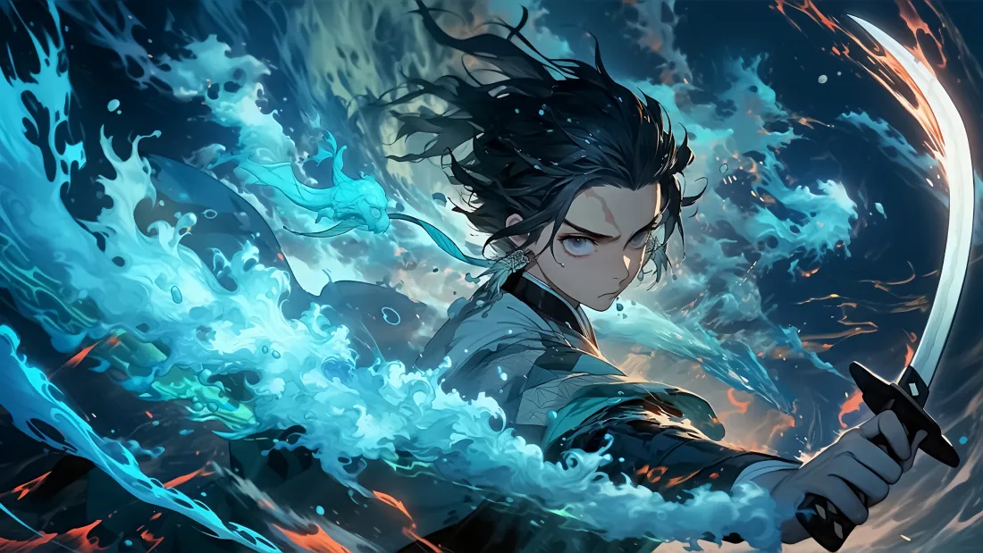 黑发持武士刀的少年，周身环绕翻涌的蓝色水浪特效。