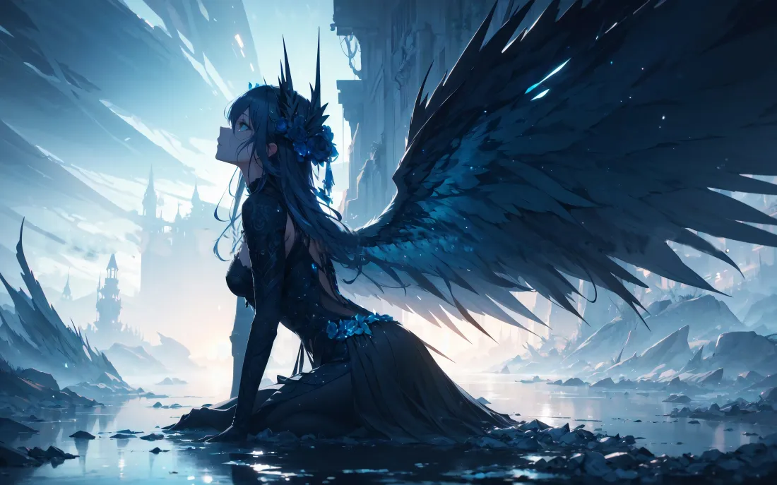 6k黑翼少女壁纸|蓝色奇幻背景图片 - 二次元电脑桌面「哲风壁纸」 蓝调废墟水畔,黑翼犄角黑衣少女跪坐仰望天空,氛围清冷梦幻。