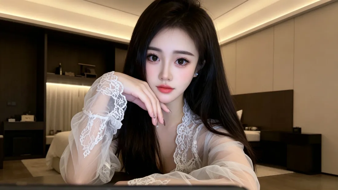 3k黑长直美女壁纸|酒店室内背景图片 - 蕾丝氛围感穿搭「哲风壁纸」 黑长直长发美女身着白色蕾丝透视上衣,在酒店室内手肘撑托脸颊自拍。