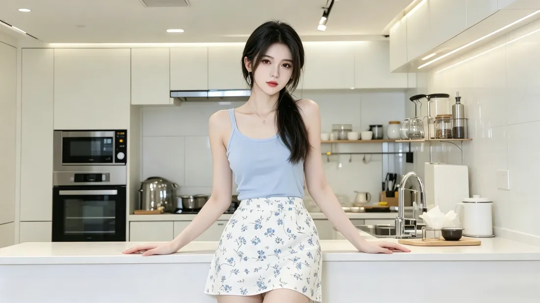 3k高颜值居家美女壁纸｜简约厨房背景图片 - 清爽休闲穿搭「哲风壁纸」