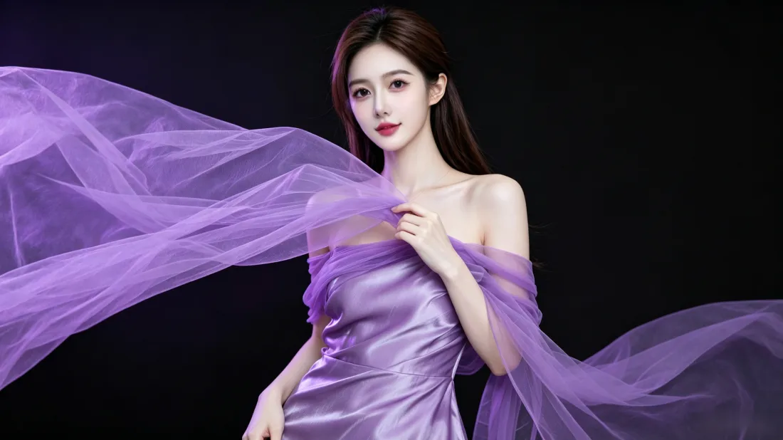 黑背景前长发女子着紫色缎面裙，紫色薄纱飘带环绕，红唇优雅写真