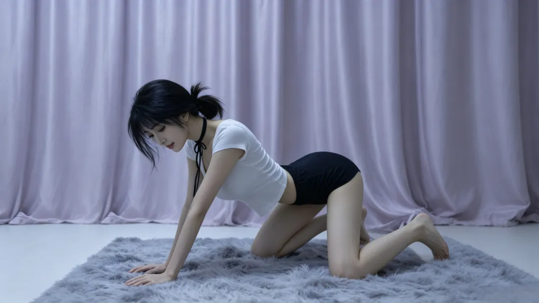3k居家美女壁纸｜浅紫窗帘室内背景图片 - 瑜伽姿势写真「哲风壁纸」