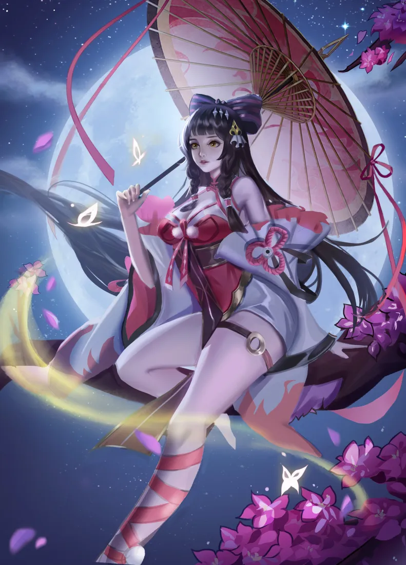 古风二次元少女手机壁纸｜月夜花境背景图片 - 红衣美人「哲风壁纸」