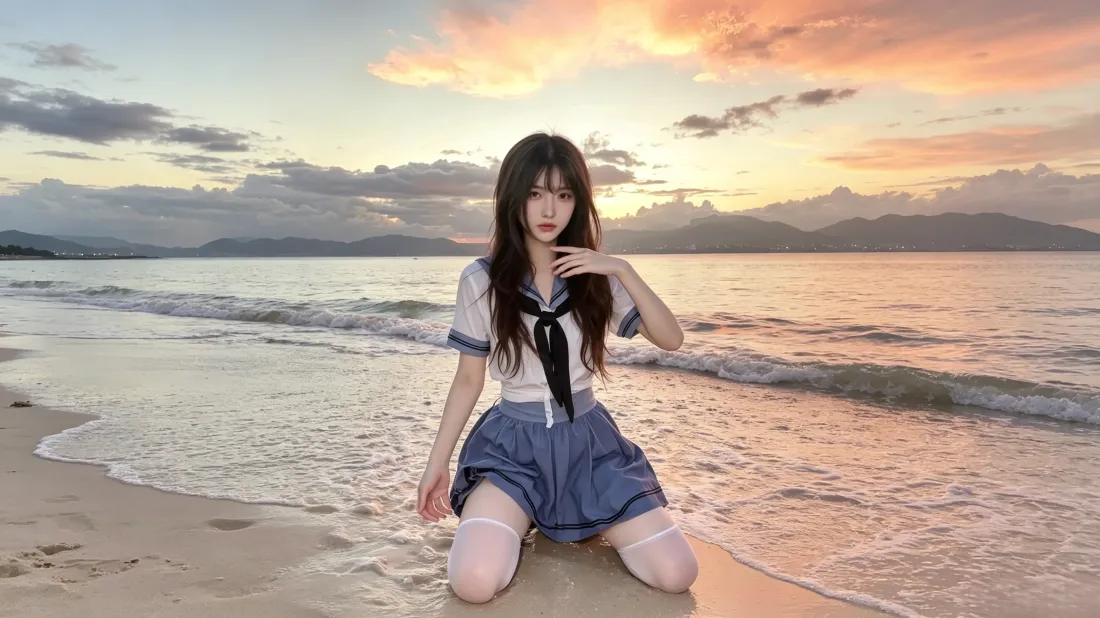 3kJK少女壁纸|海边晚霞背景图片 - 氛围感人像「哲风壁纸」 JK制服少女跪坐于黄昏海边浅滩,背景是橙粉晚霞与远山海浪
