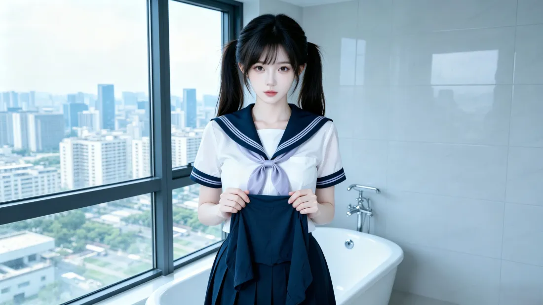 3k双马尾JK少女壁纸｜浴室落地窗背景图片 - 城市景观「哲风壁纸」