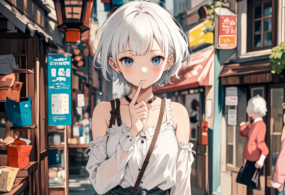3k银发蓝眼短发少女壁纸|日式街道背景图片 - 动漫插画「哲风壁纸」 银发蓝眼短发少女站在日式街边店铺前,抬手将食指抵在唇边。
