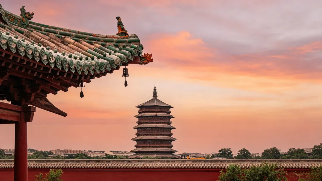 3k古建筑壁纸｜晚霞红墙飞檐背景图片 - 黄昏治愈风光「哲风壁纸」