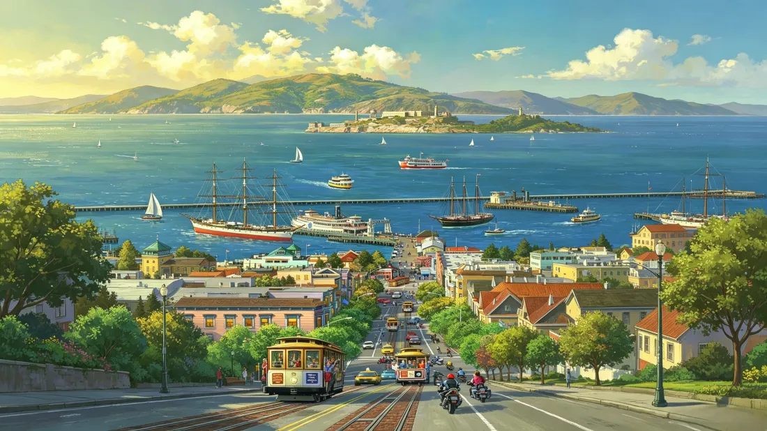吉卜力风格滨海城市街景，下坡街道通向海港，海面船只与远山相映。