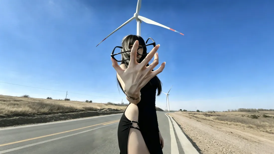 黑裙女子站在荒野公路上抬手挡镜头，背景是蓝天与风力发电机。