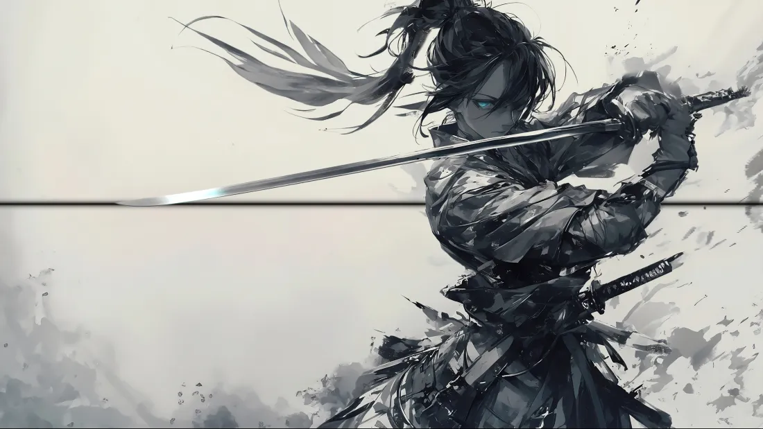 4k水墨武士壁纸|二次元古风背景图片 - 持剑侠客「哲风壁纸」 水墨风格持剑武士,高马尾束发,横剑摆出战斗姿态,背景为浅淡墨色晕染。
