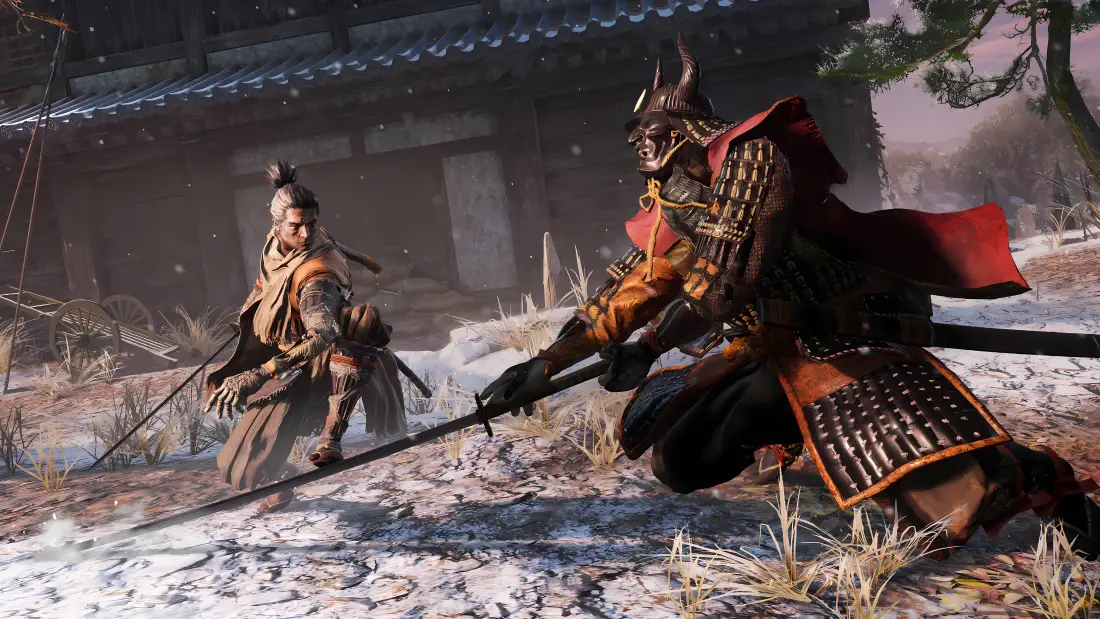 4k只狼影逝二度壁纸|武士对战背景图片 - 雪地古风战斗场景「哲风壁纸」 雪地日式建筑前,两名武士持长刀对峙战斗的游戏场景