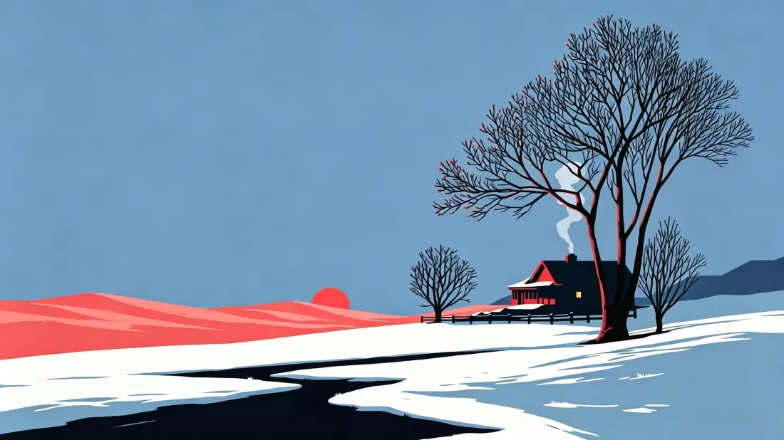3k冬日乡村雪景壁纸|雪地小屋背景图片 - 极简治愈插画「哲风壁纸」 极简扁平风冬日雪原插画,右侧红顶小屋炊烟袅袅,左侧落日染红雪坡。