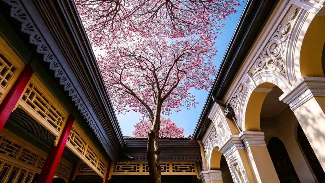 3k古风庭院壁纸|粉花蓝天背景图片 - 中式建筑场景「哲风壁纸」 仰视视角下中式庭院天井中,粉花树在蓝天映衬下绽放,两侧为雕花拱廊与木构建筑