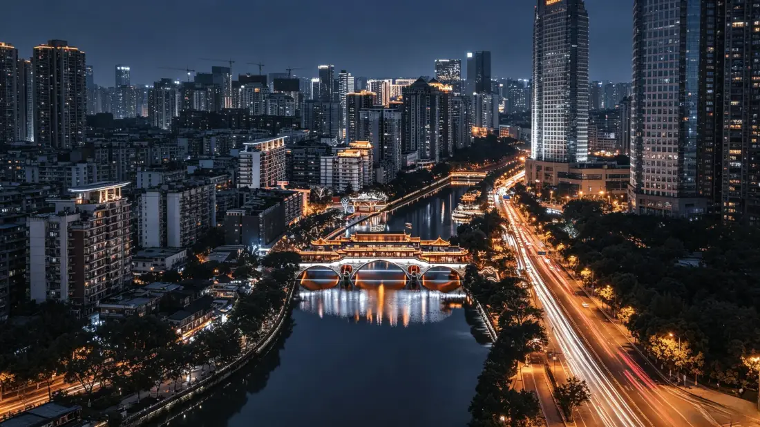 3k成都安顺廊桥壁纸｜都市河畔夜景背景图片 - 城市风光「哲风壁纸」