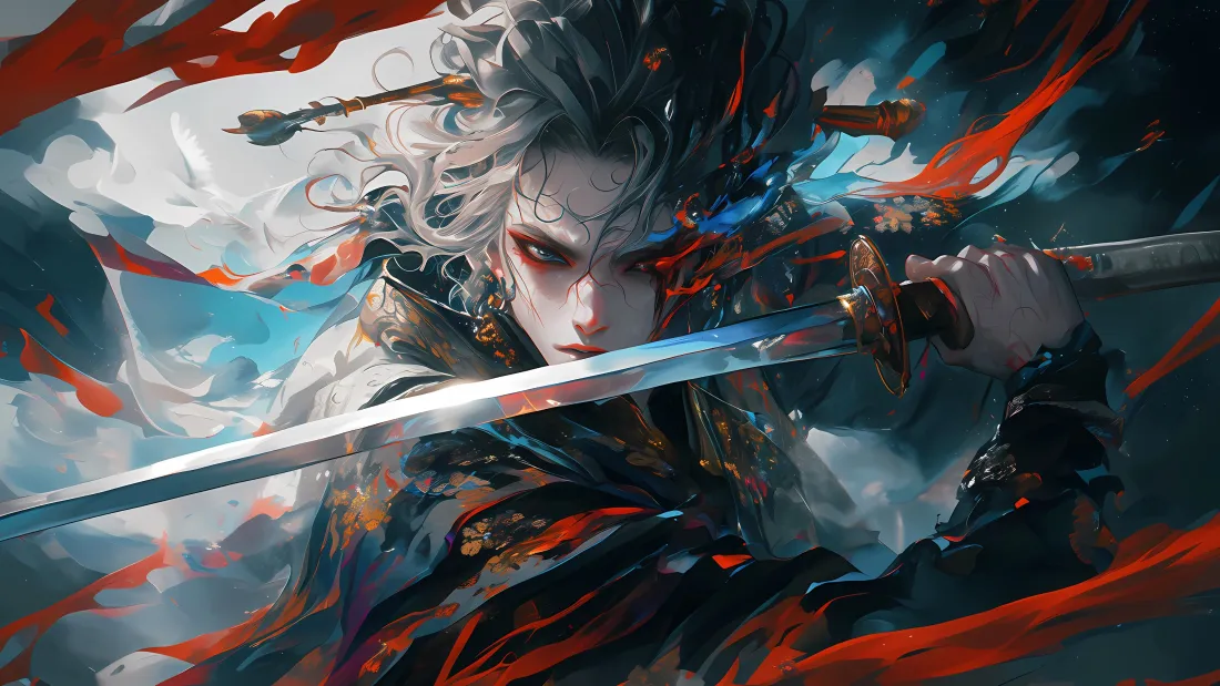 古风银发红眼武士横持长剑，红绸与青蓝云雾交织，战斗氛围浓烈。