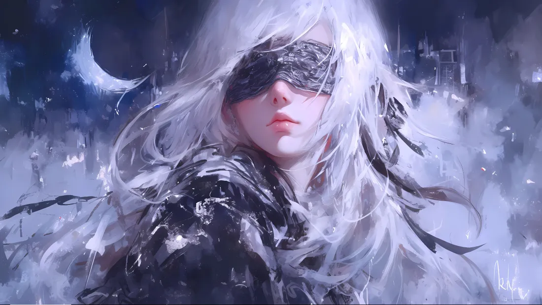 4k白发蒙眼少女壁纸|月夜冷调背景图片 - 二次元影漫「哲风壁纸」 白发蒙眼少女立于月夜冷雾中,发丝飘散,氛围清冷暗黑。