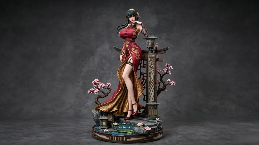 身着红金旗袍的动漫少女手办，搭配桃花、中式灯柱与水景底座