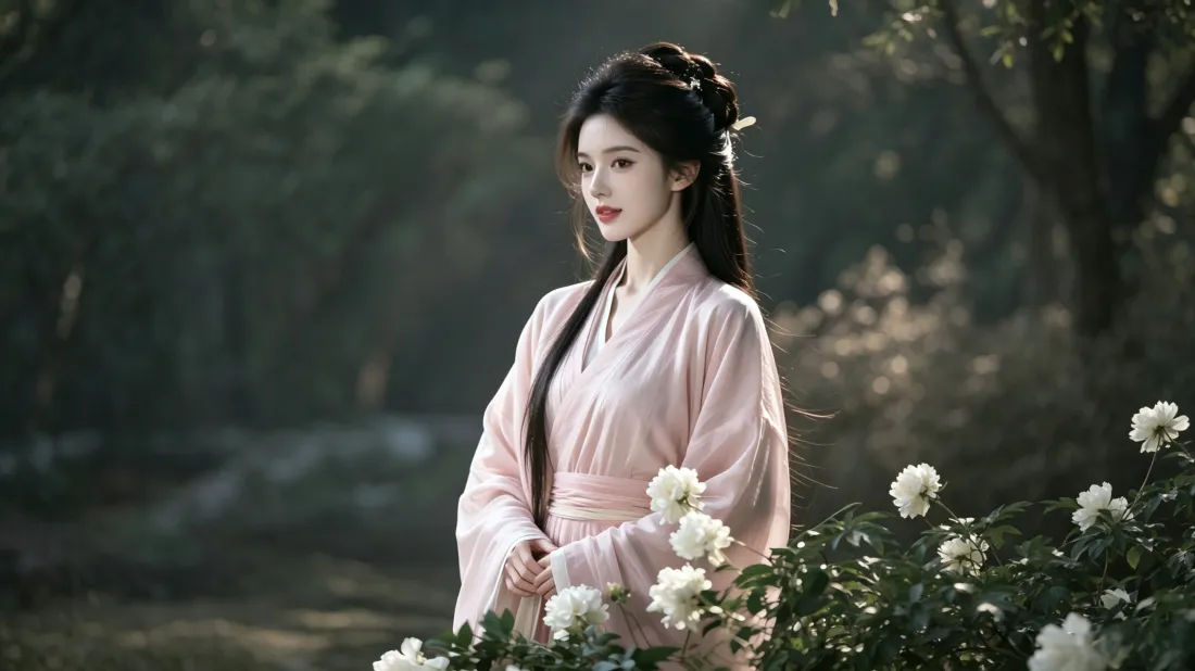身着浅粉色汉服的女子立于林间花丛旁，背景虚化，氛围温婉柔美。
