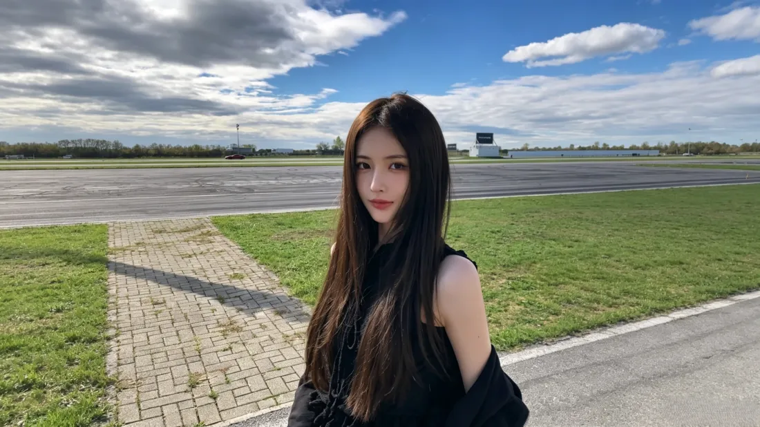 户外蓝天草地旁，黑衣长发年轻女性半身人像，背景开阔道路与云天。
