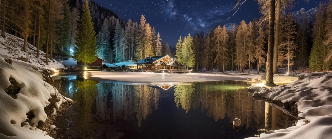 冬夜积雪湖畔，暖光木屋临湖而立，湖面清晰倒映林木与星空