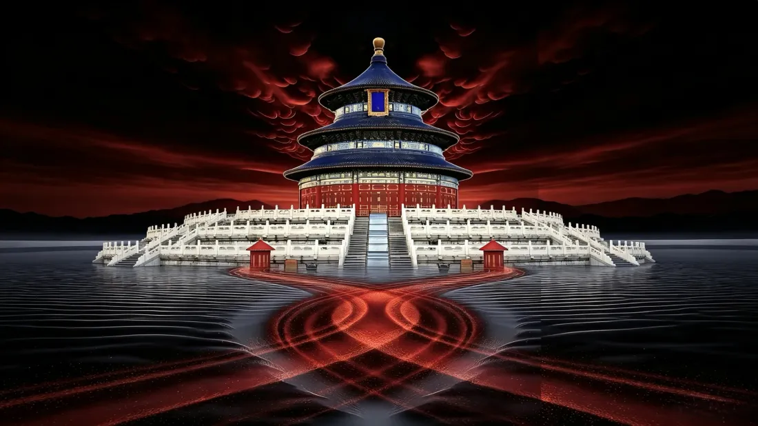 红黑夜空下的天坛祈年殿立于水面，红色光路倒影延伸向画面前方。