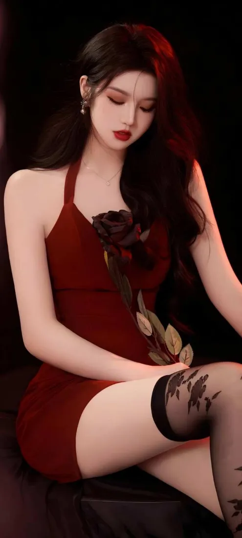 暗调背景下，穿红色挂脖短裙的长发女子手持黑玫瑰，氛围神秘性感。