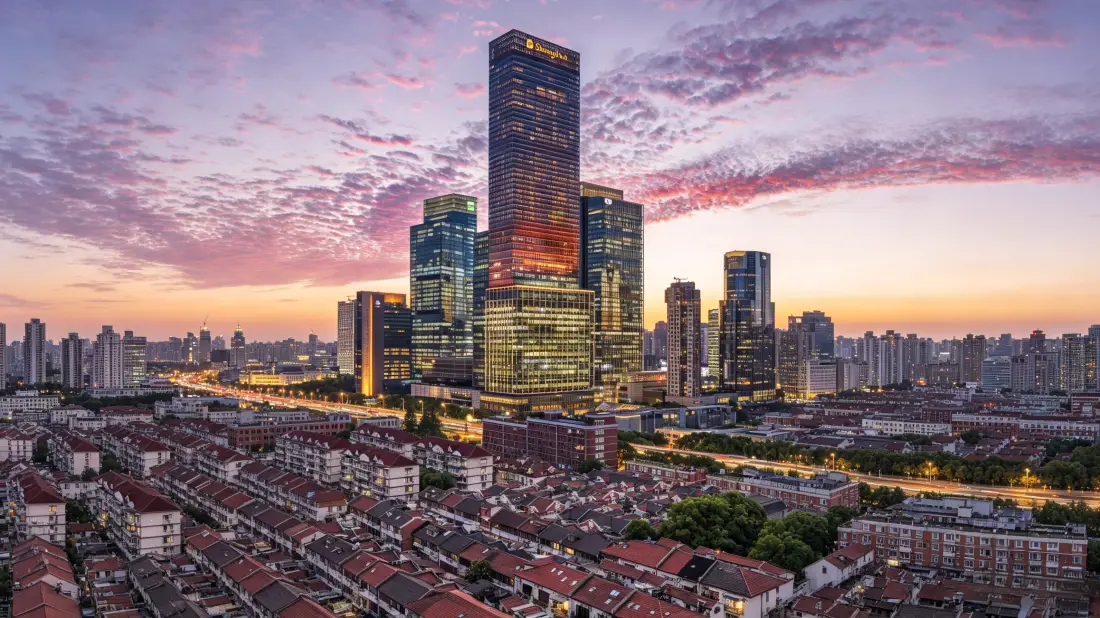黄昏时分城市天际线，摩天楼群矗立，晚霞晕染粉紫橙渐变天空