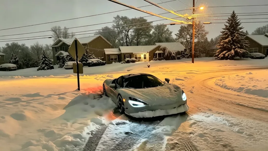 雪夜居民区街道，覆雪跑车停在暖黄路灯下，背景是亮灯的住宅