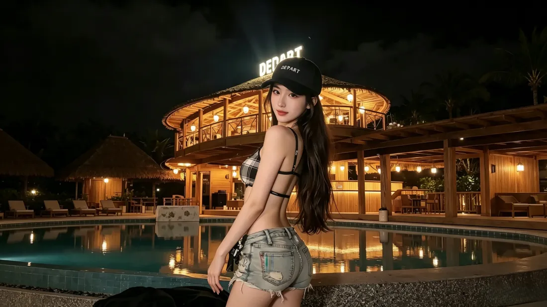 3k夏日美女壁纸|泳池度假背景图片 - 氛围感夜景写真「哲风壁纸」 夜晚泳池边,戴棒球帽的长发女生回头望向镜头,身后是暖光度假木屋。