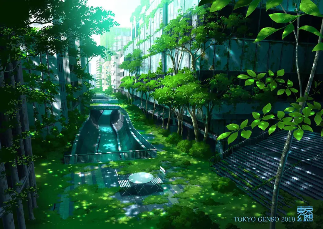 4k动漫清新街景壁纸|绿植阳光街道背景图片 - 日系治愈插画「哲风壁纸」 被绿植覆盖的废弃城市街道,阳光洒落积水路面,日系治愈二次元场景
