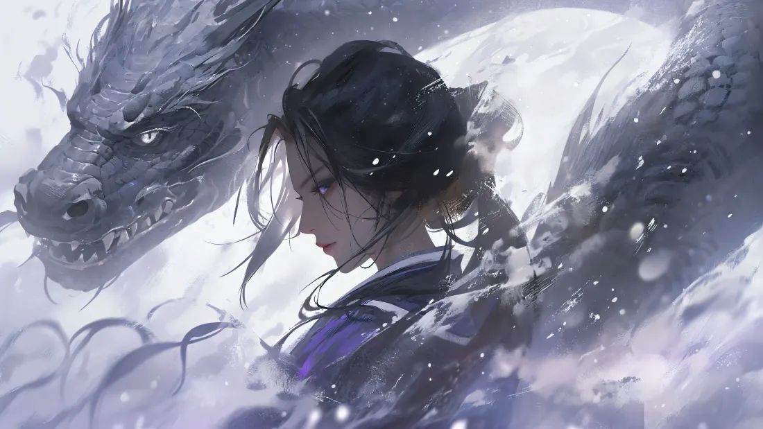 紫衣黑发古风少女侧身立于飘雪之中，身后环绕两条灰黑龙形虚影。