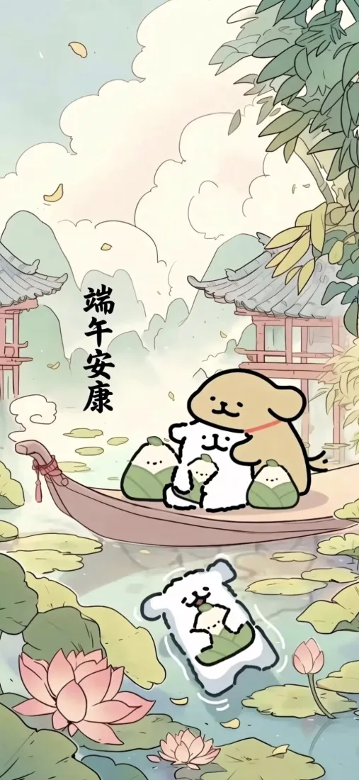 线条小狗泛舟荷塘赏荷，配粽子与古风建筑，端午安康主题插画