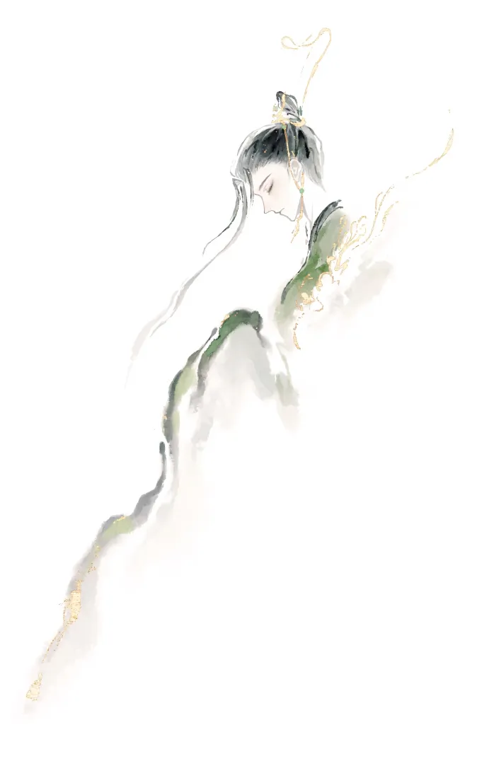 水墨写意风格的屈原形象，浅绿淡墨勾勒古装文人，大量留白。