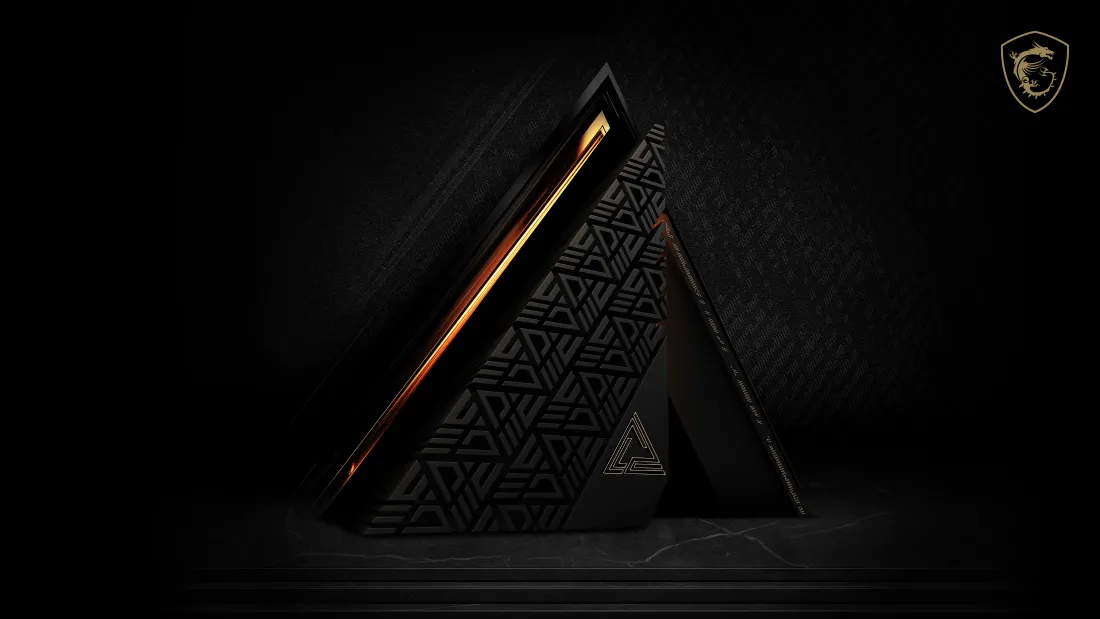 4k微星黑金科技装置壁纸|几何纹理背景图片 - 电竞炫酷风「哲风壁纸」 暗调黑金三角科技装置,表面带几何纹理,右上角有微星龙形Logo。