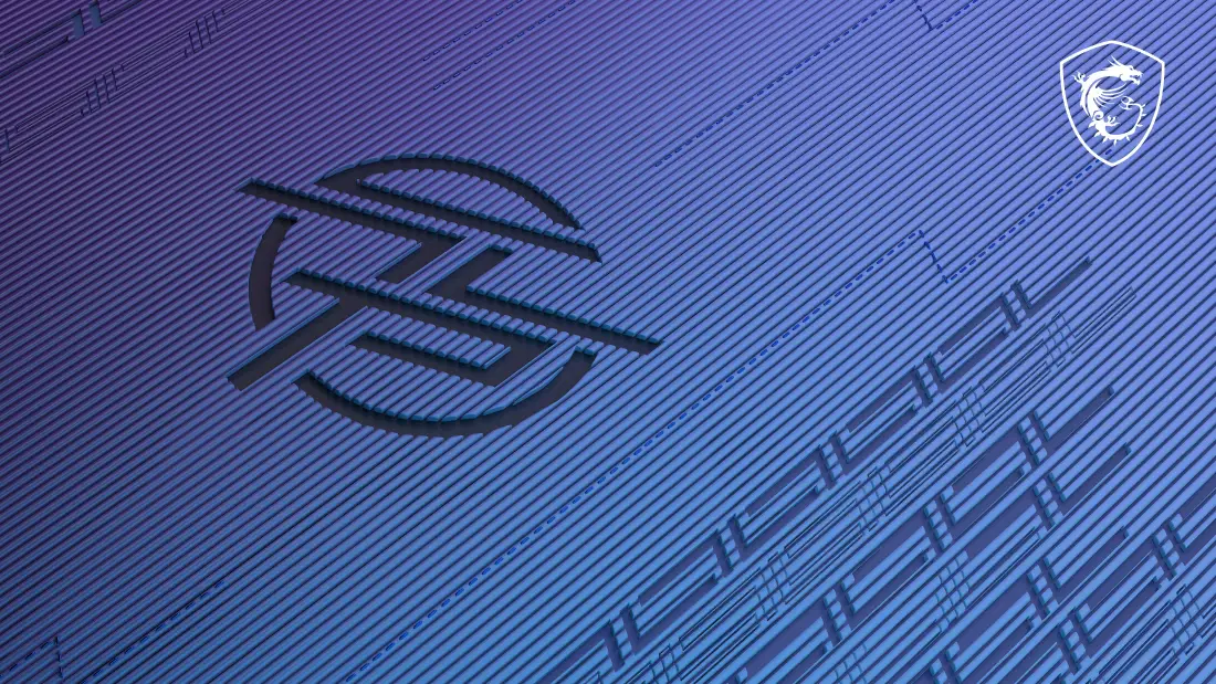 蓝紫渐变斜纹纹理背景，带有抽象圆形logo与右上角盾牌形小标识