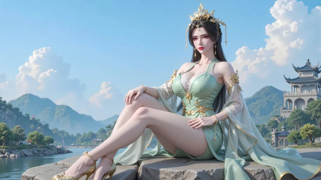 李慕婉身着绿裙金冠，坐于湖边石上，背景为青山湖泊与古建。
