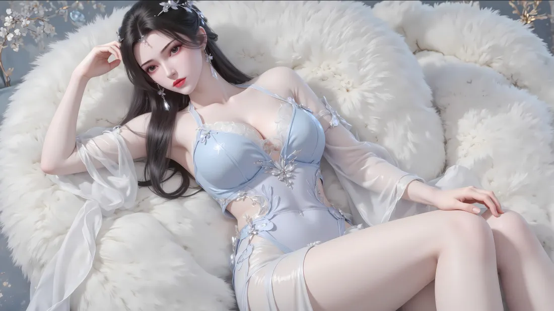 李慕婉身着浅蓝色薄纱抹胸裙，躺卧在白色毛绒软垫上，国风仙气十足