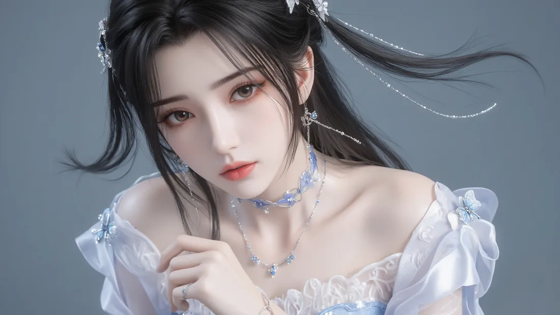 仙逆李慕婉3D古风形象，淡蓝露肩纱衣，清冷柔美，灰蓝纯色背景