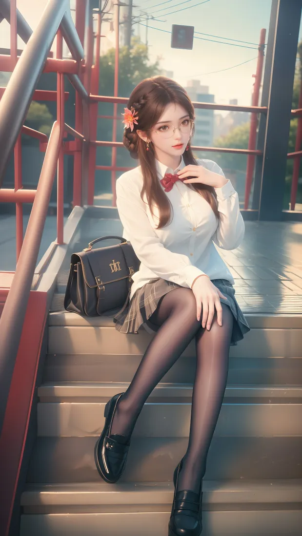 火灵儿身着JK制服坐在户外楼梯上，身旁放着书包，阳光洒落。