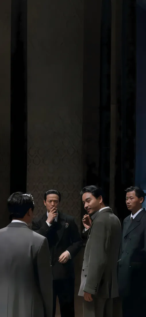 民国西装造型的张国荣与三名男子在深色幕布前互动，氛围复古沉稳。