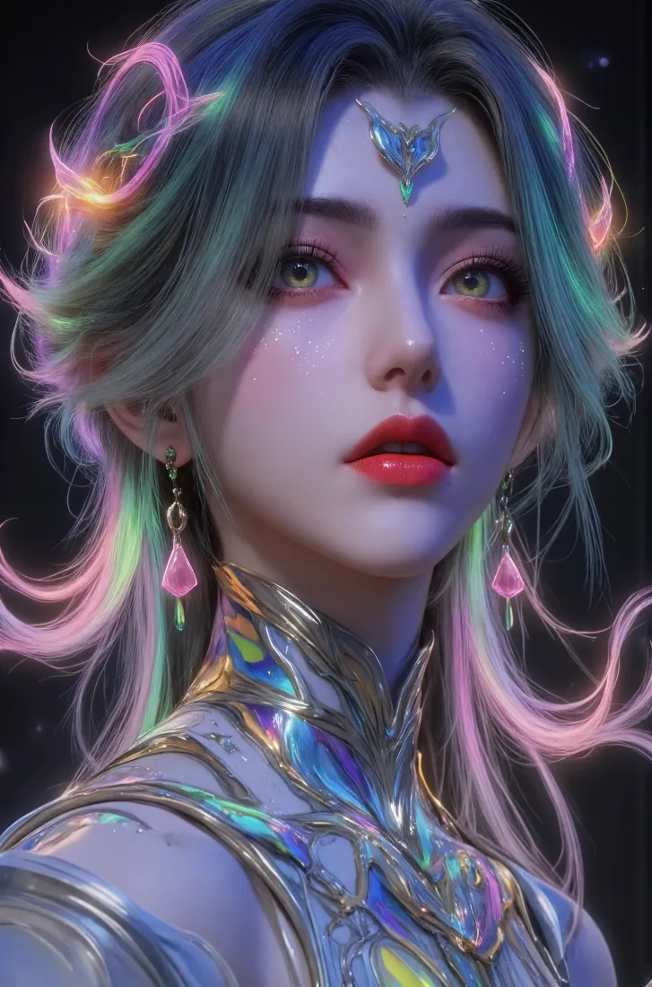暗调背景下，彩绿粉渐变发光发丝的玄幻女神近景，额饰耳坠精致，幻彩鎏金服饰。